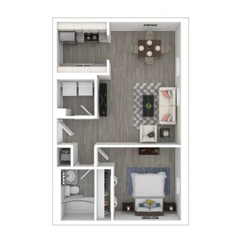 A dollhouse with a grey floor and white walls.